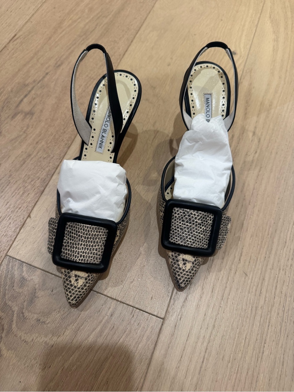 Manolo Blahnik Black and Beige Snakeskin Buckle Slingback Pumps 70mm heel